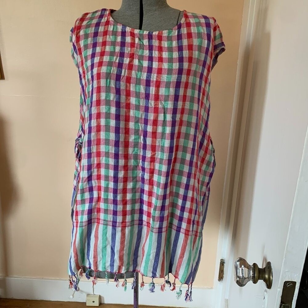 Vintage Plaid Gingham Fringe Tunic Top Multi-Color Boho Sleeveless Side Tie